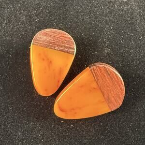 Rare Bakelite Wood Clip On Earrings 1940s Butterscotch Catalin Mid Century VTG